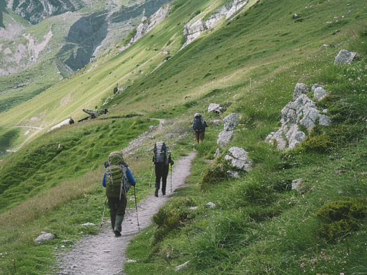 Groep deelnemers aan een Cima del BenEssere leiderschapstrail, wandelend door de Italiaanse Alpen, gezien van achteren